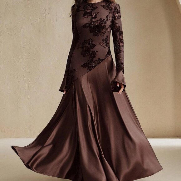 Deep Brown Elegant Women's Floral embroidered bodice with Bell Sleeve Maxi Dress - Picture 3 of 7